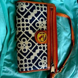 Spartina wallet. Leather and linen. Navy and orange.